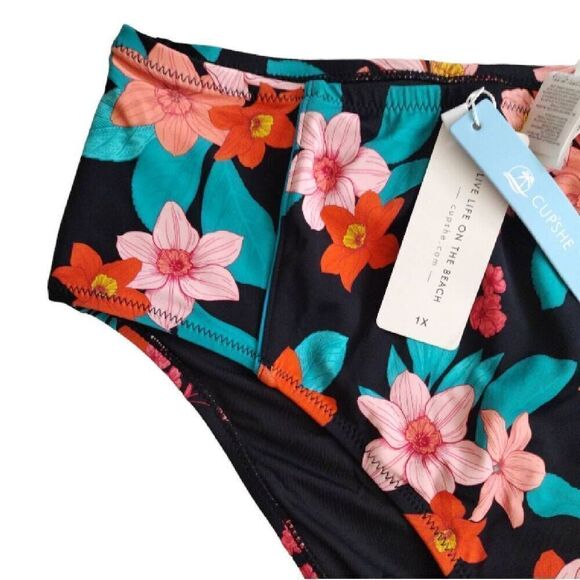 CUPSHE Black Tropical Cynthia High Waist Bikini Bottoms 1X NWT - Picture 4 of 11